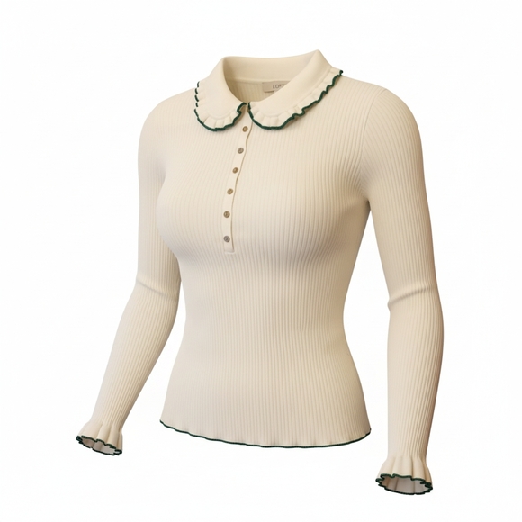 LOFT Cream Sweater With Ruffle Sleeves & Collar Detail Size Large Petite EUC - Picture 9 of 10